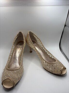 Adrianna Papell Champagne Mesh Rhinestone Heels 7.5 Peep Toe Formal Wedding Shoe